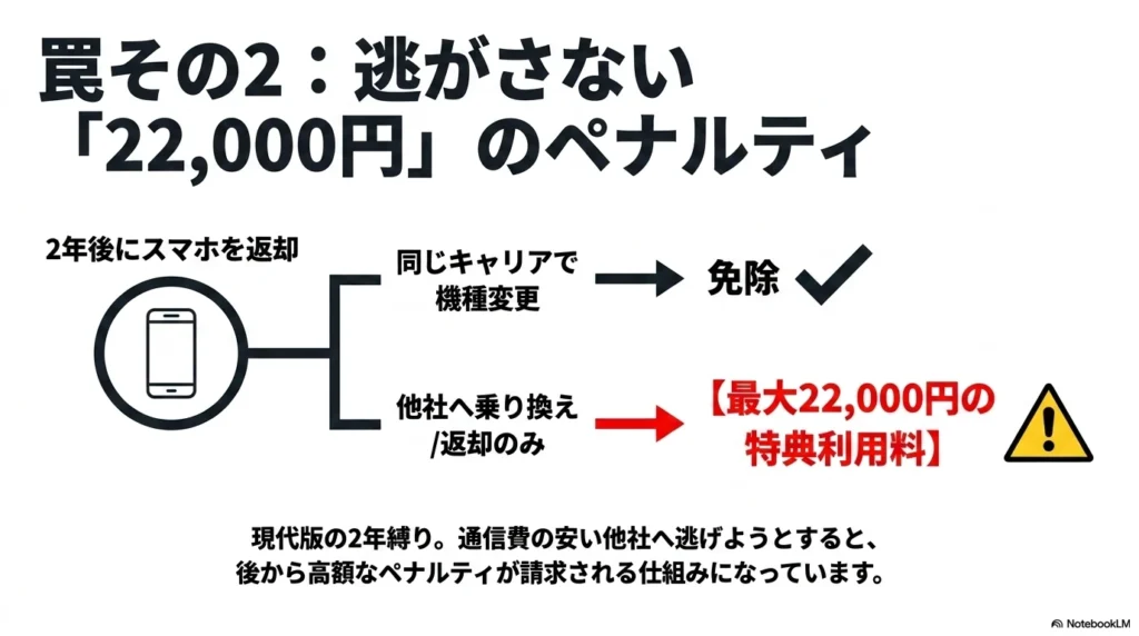 罠その2：逃がさない22,000円のペナルティ。2年後の返却時に他社へ乗り換えたり返却のみだと最大22,000円の特典利用料が発生する