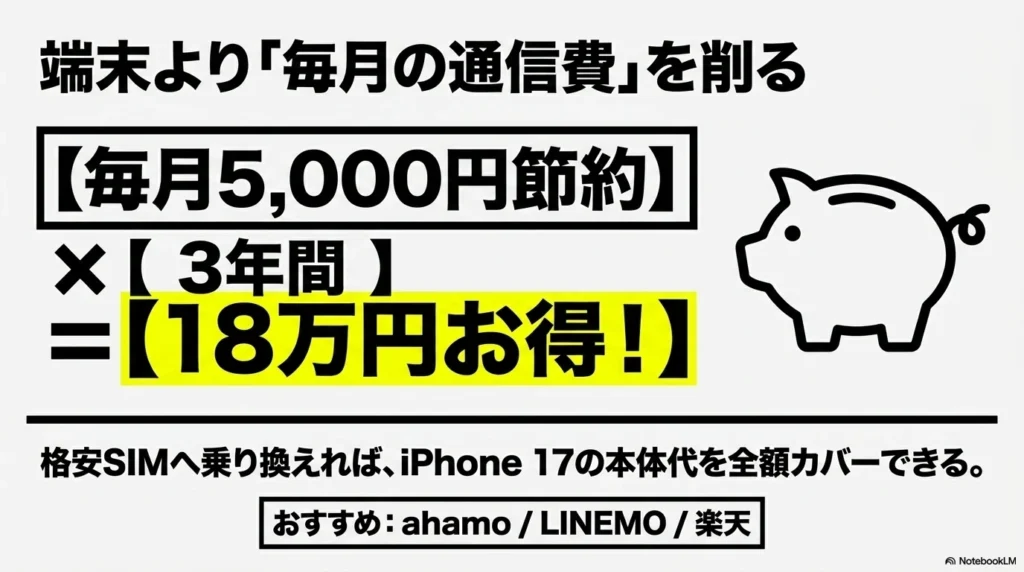 iPhone 17 × 格安SIM 乗り換え完全攻略ガイド 毎月の通信費を格安SIMで削ることで18万円お得になる図解