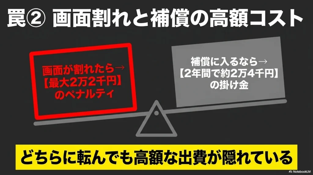 iPhone 17 × 格安SIM 乗り換え完全攻略ガイド 罠2:画面割れと補償の高額コスト。画面が割れたら最大2万2千円のペナルティ、補償に入るなら2年間で約2万4千円の掛け金。