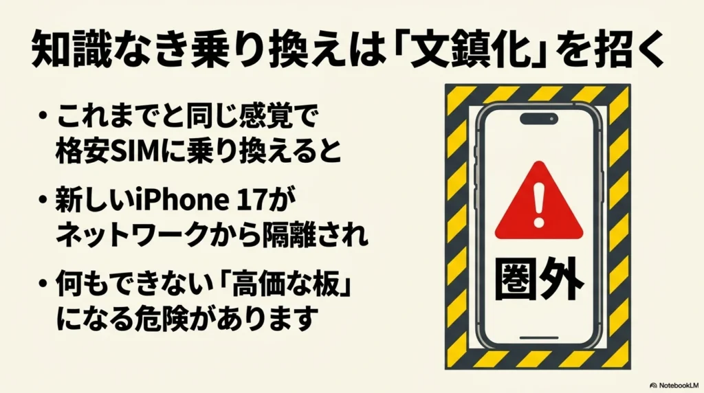 格安SIM乗り換え失敗による圏外リスク 知識なき格安SIM乗り換えによるiPhone17圏外化・文鎮化の警告