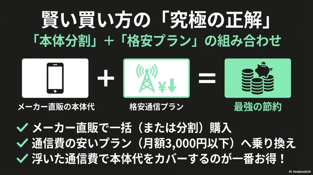 メーカー直販でiPhone 17を本体分割購入し、格安プランと組み合わせることでトータルコストを抑える賢い買い方の解説図