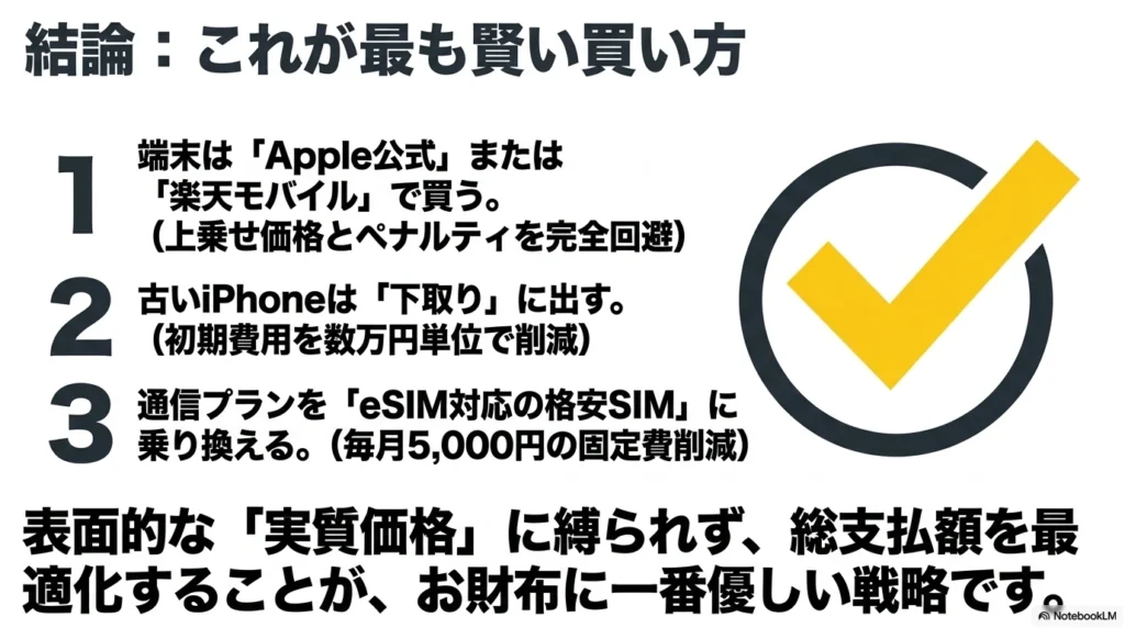 結論：これが最も賢い買い方。1.端末はApple公式または楽天モバイルで買う。2.古いiPhoneは下取りに出す。3.通信プランをeSIM対応の格安SIMに乗り換える
