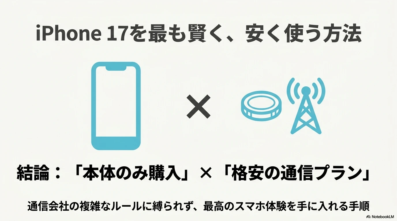 iPhone 17を最も賢く安く使うための結論として、本体のみ購入と格安通信プランの組み合わせを推奨する図解