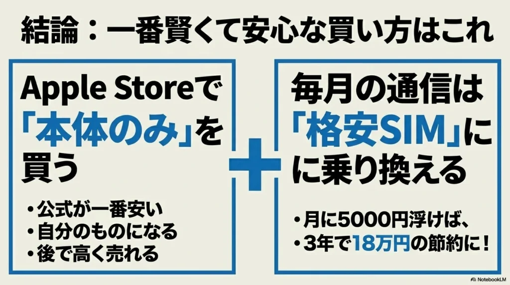 iPhone 17 × 格安SIM 乗り換え完全攻略ガイド Apple Storeで本体のみを購入し、毎月の通信は格安SIMに乗り換えるという一番賢い買い方を解説したスライド