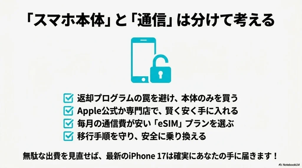 スマホ本体と通信プランを分けて考えるメリットまとめ 返却プログラムを避けて本体のみを安く買い、eSIMプランを選んで乗り換えるという記事全体のまとめ図解