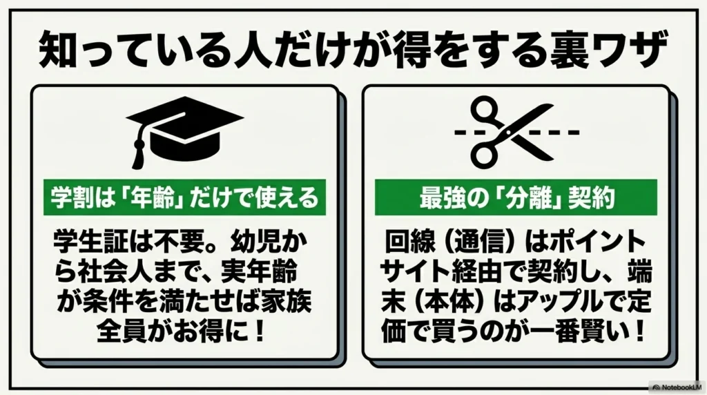 iPhone 17 × 格安SIM 乗り換え完全攻略ガイド 「知っている人だけが得をする裏ワザ」というタイトル。学生証不要で幼児から社会人まで使える学割の仕組みと、回線はポイントサイト経由・端末はアップルで定価購入する「分離契約」が一番賢いと説明するスライド。