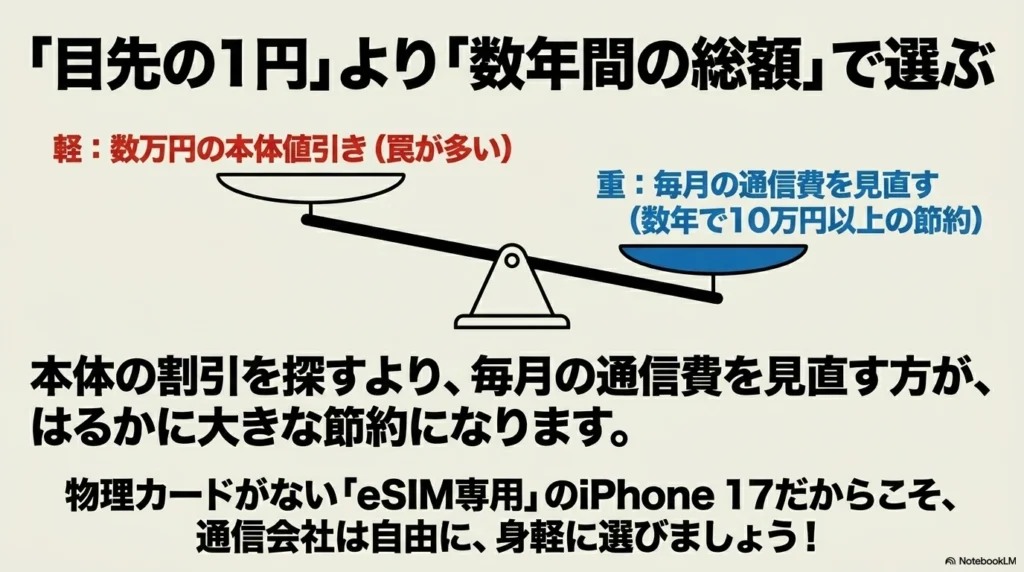 iPhone 17 × 格安SIM 乗り換え完全攻略ガイド 目先の数万円の本体値引きよりも、毎月の通信費を見直す方が数年で10万円以上の大きな節約になることを天秤で表した図