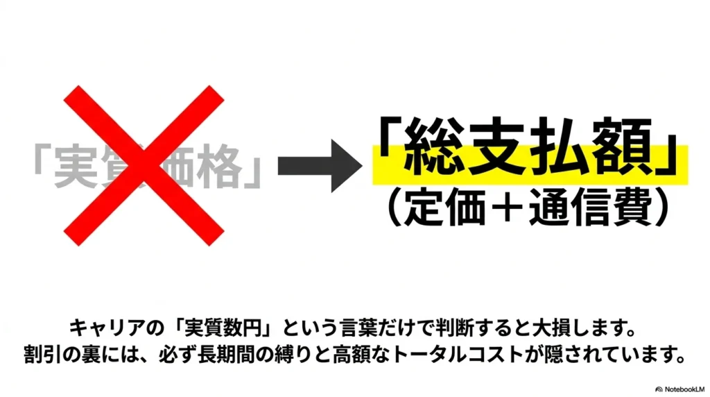 実質価格ではなく定価と通信費を合わせた総支払額を重視。キャリアの実質数円という言葉だけで判断すると大損します