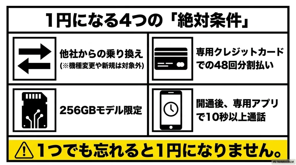 iPhone 17e 月額1円になる4つの絶対条件 1円になる4つの絶対条件。他社からの乗り換え、専用クレジットカードでの48回分割払い、256GBモデル限定、開通後専用アプリで10秒以上通話