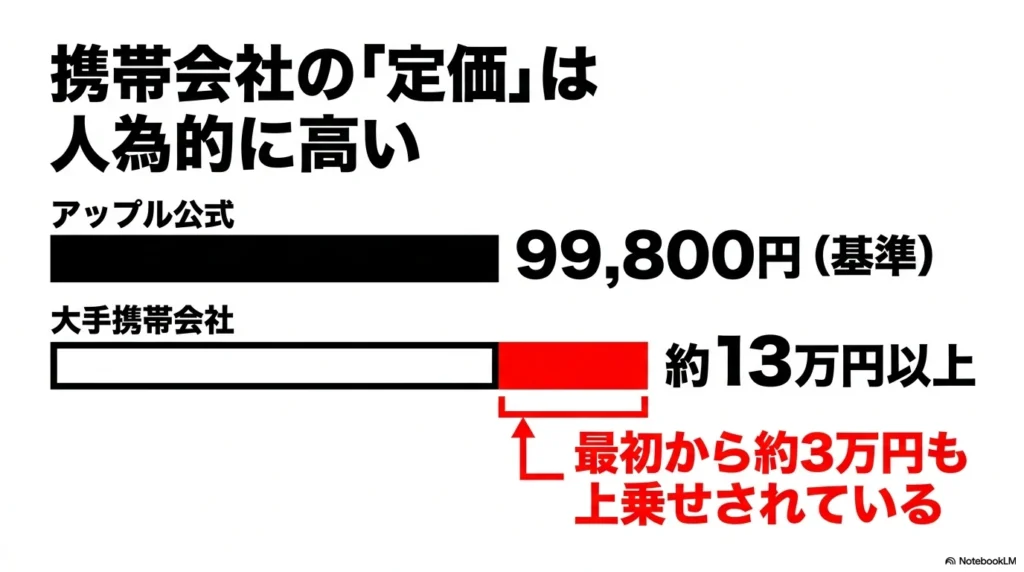 アップル公式価格99,800円に対し、大手携帯会社は約13万円以上と約3万円高く設定されている仕組みの解説図
