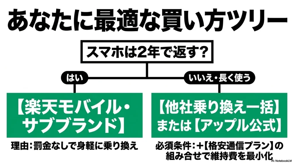 スマホを2年で返すか長く使うかによって、楽天モバイル・サブブランドか、他社乗り換え一括・アップル公式かを選べる、最適な買い方分岐ツリースライド