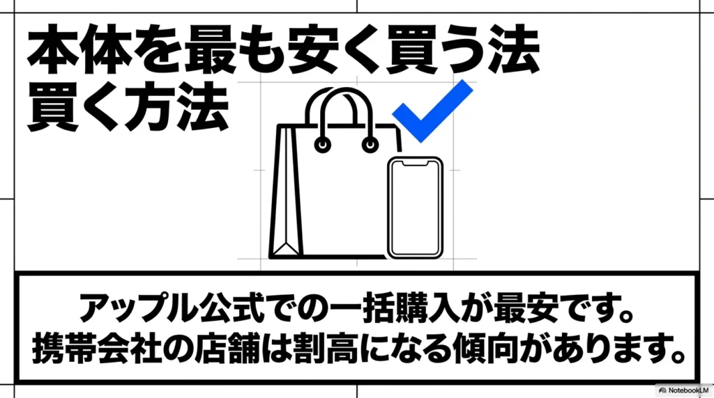 iPhone 17e本体を最も安く買う方法 iPhone本体を最も安く買う方法は、携帯会社の店舗ではなくアップル公式での一括購入であることを解説するスライド。
