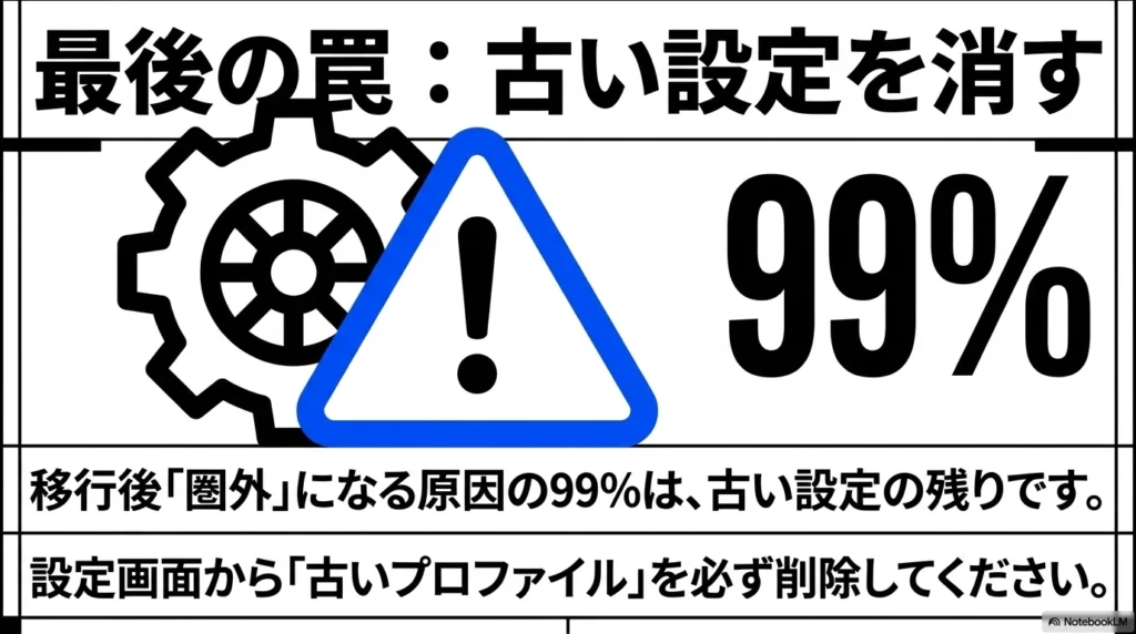iPhone 17 × 格安SIM 乗り換え完全攻略ガイド 移行後に圏外になる原因の99%は古い設定の残りであり、プロファイルを必ず削除するよう促すスライド。