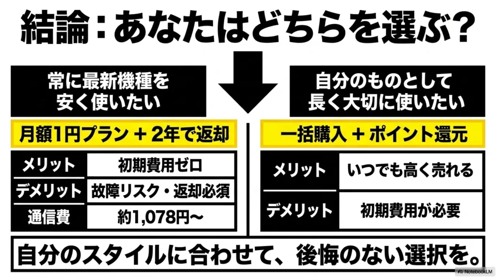 結論:月額1円プランか一括購入か 結論、あなたはどちらを選ぶ?常に最新機種を安く使いたい月額1円プランと、自分のものとして長く使いたい一括購入のメリット・デメリット比較