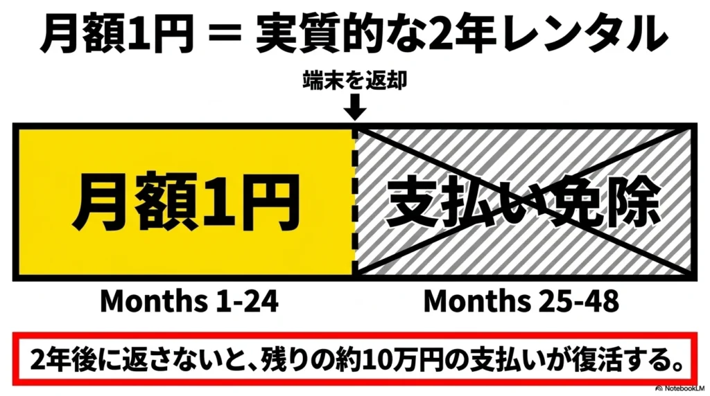 iPhone 17 × 格安SIM 乗り換え完全攻略ガイド 月額1円は実質的な2年レンタル。2年後に返却しないと残りの約10万円の支払いが復活する仕組みの図解