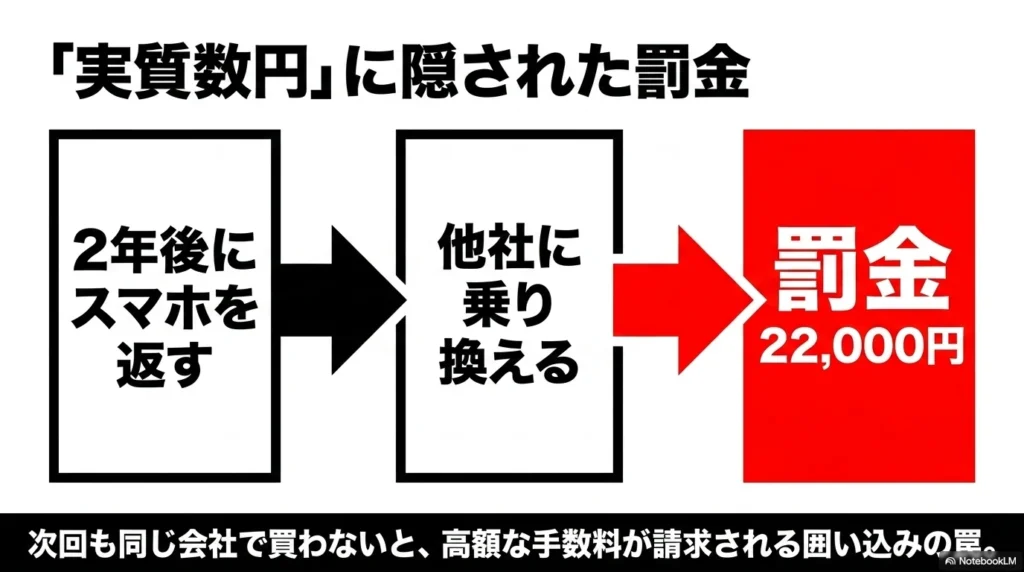 2年後にスマホを返却して他社に乗り換える際、次回も同じ会社で買わないと22,000円の手数料（罰金）が請求される囲い込みの罠の解説図