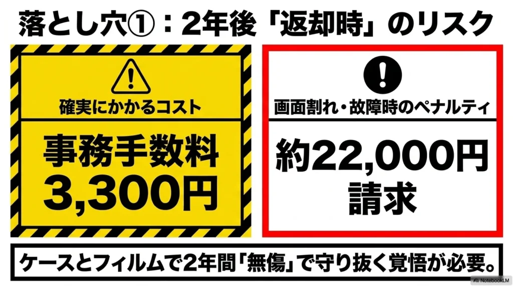 2年後端末返却時のリスクと確実にかかるコスト 2年後返却時のリスク。確実にかかる事務手数料3,300円と、画面割れなど故障時のペナルティ約22,000円請求の注意点