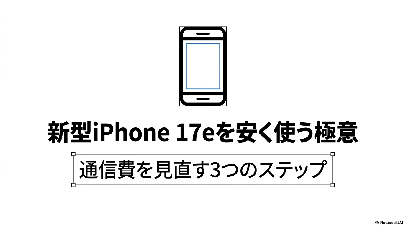 新型iPhone 17eを安く使う極意として、通信費を見直す3つのステップを解説するスライドの表紙。