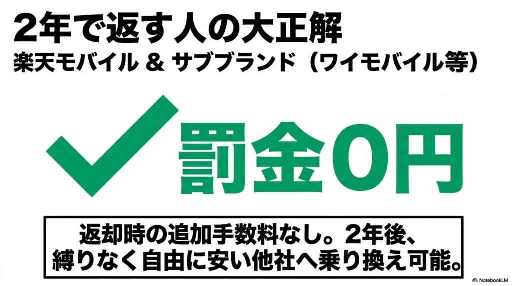 2年で返却するなら追加手数料（罰金）が0円の楽天モバイルやワイモバイルなどのサブブランドがおすすめであることを示すスライド