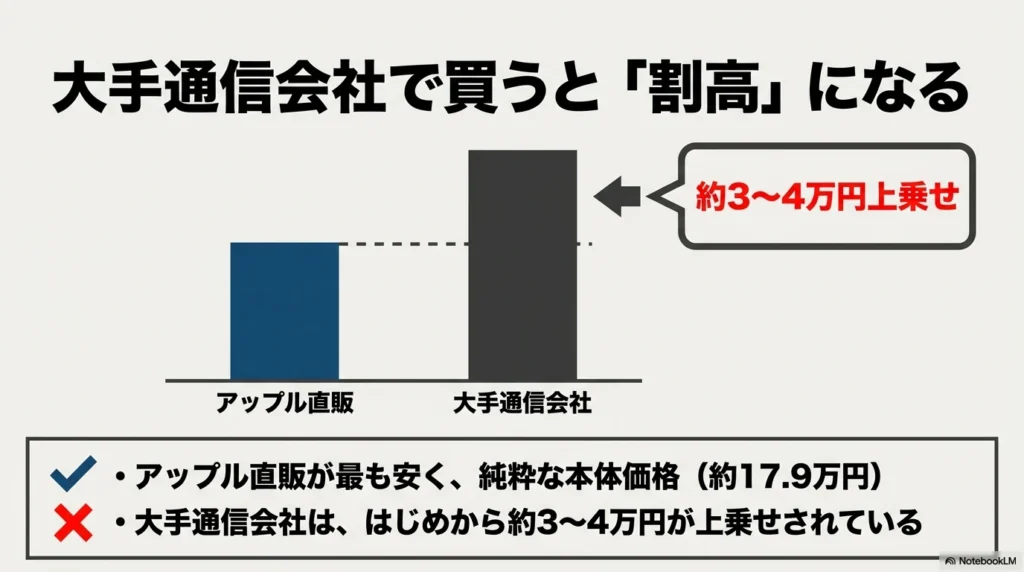 Apple直販（約17.9万円）と大手通信会社の定価を比較した棒グラフ。大手通信会社ははじめから約3〜4万円が上乗せされていて割高であることを示すスライド画像。