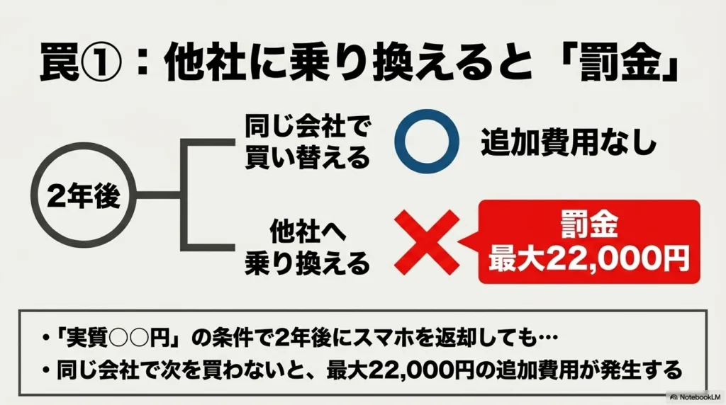 実質〇〇円の条件で2年後にスマホを返却しても、同じ会社で次回機種変更しない（他社へ乗り換える）場合は最大22,000円の追加費用（罰金）が発生する仕組みの図解スライド。