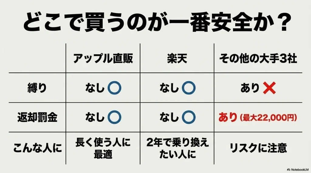 Apple直販、楽天モバイル、その他の大手3社を「縛り」「返却罰金」「こんな人に」の項目で比較した表。大手3社のみ「縛り・あり」「返却罰金・あり（最大22,000円）」となっていることを示すスライド画像。