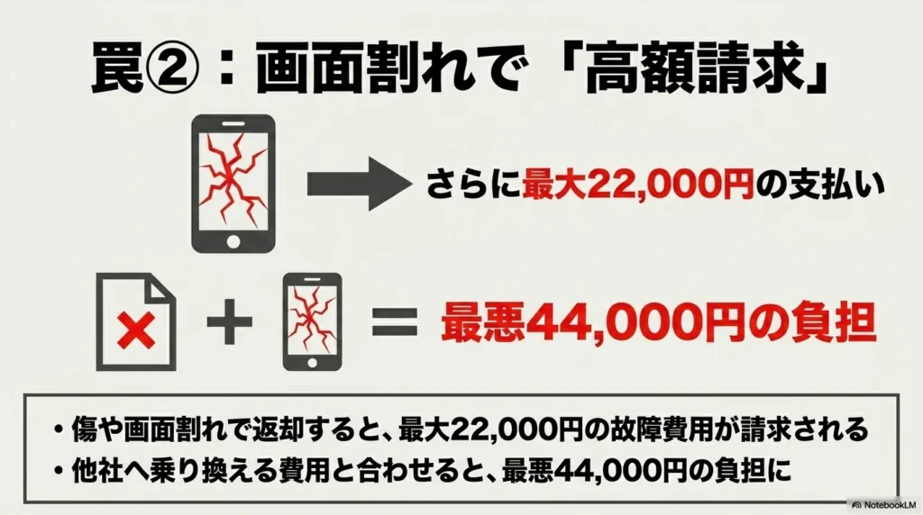 傷や画面割れがある状態で端末を返却すると最大22,000円の故障費用が請求され、他社乗り換えペナルティと合わせると最悪44,000円の負担になることを警告するスライド画像。