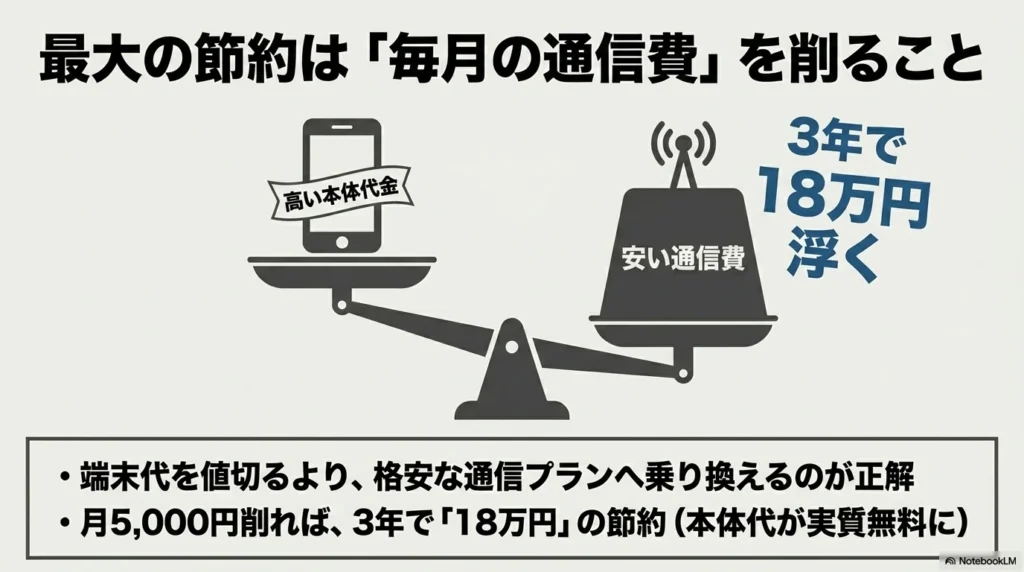 天秤のイラストを交え、端末代を値切るよりも格安プランへの乗り換えで月5,000円（3年で18万円）削るほうが大きな節約になり、本体代が実質無料になることを説明したスライド画像。