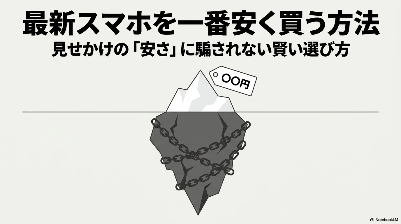 氷山にチェーンが巻き付いているイラストとともに、「最新スマホを一番安く買う方法 見せかけの『安さ』に騙されない賢い選び方」と書かれた記事の導入・アイキャッチ用スライド画像。