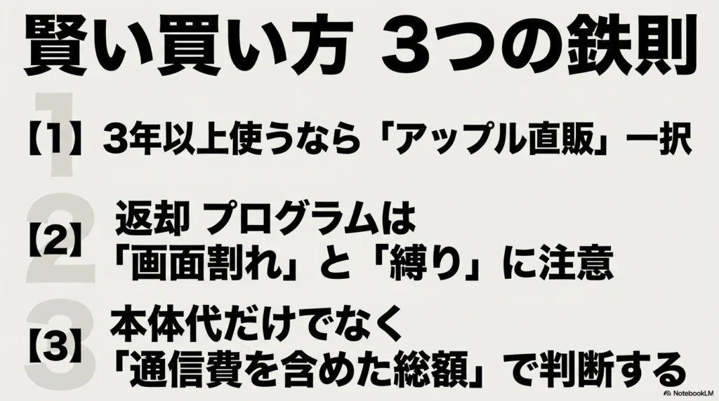 賢い買い方3つの鉄則として「3年以上使うならアップル直販一択」「返却プログラムは画面割れと縛りに注意」「本体代だけでなく通信費を含めた総額で判断する」をまとめた