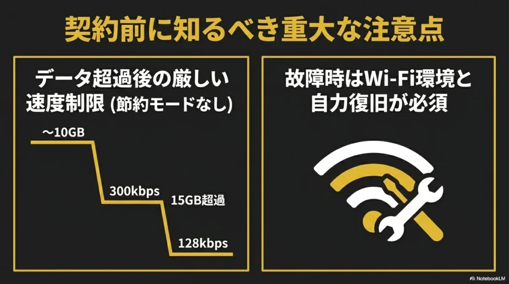 データ超過後の厳しい速度制限と、故障時はWi-Fi環境での自力復旧が必須になるというLINEMO契約前の注意点