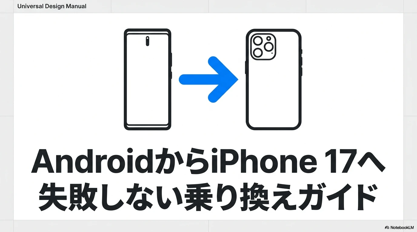 AndroidからiPhone 17への乗り換えを案内するガイドの表紙スライド。スマホからスマホへデータが移行するイラストが描かれています。