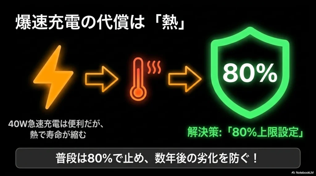 iPhone 17の40W急速充電による発熱のデメリットと、バッテリー劣化を防ぐ80%上限設定の解説