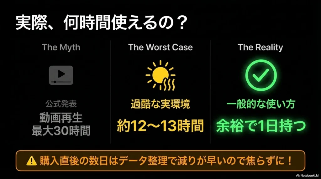 公式発表の最大30時間、過酷な実環境での約12〜13時間、一般的な使い方での駆動時間を比較したグラフ