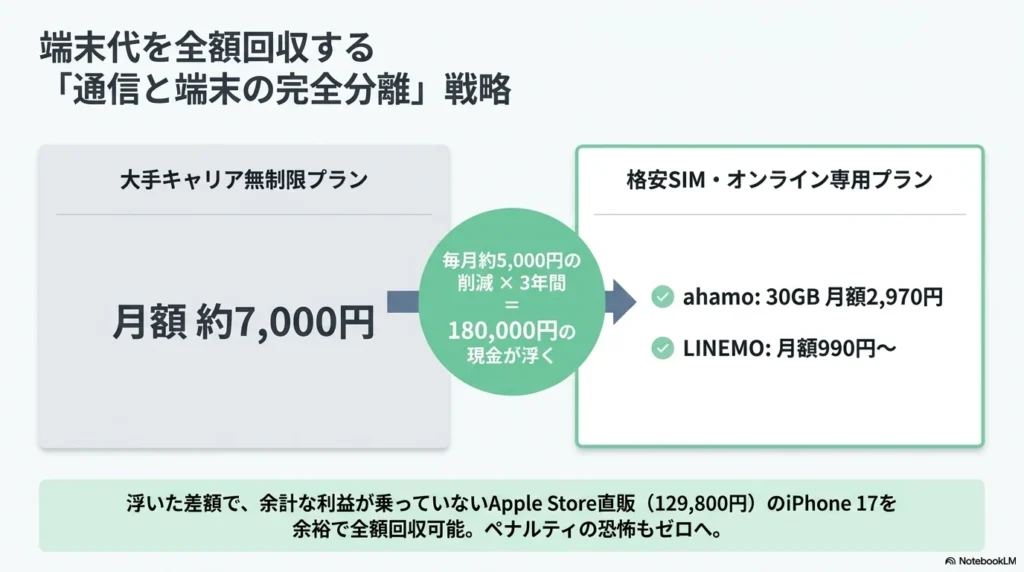 キャリアの無制限プランから格安SIM・オンライン専用プランへ乗り換えることで、3年間で約18万円の通信費を削減できることを示す図解