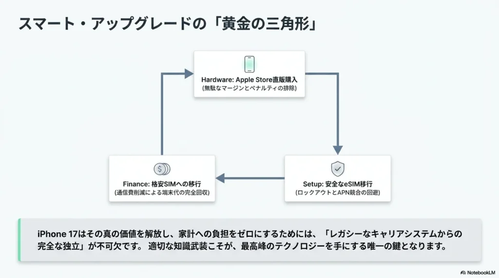 Apple Store直販での購入、格安SIMへの移行、安全なeSIM設定という、iPhone 17を賢く手に入れるための3つの要素を図解した黄金の三角形