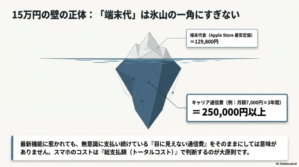 iPhone 17の端末代金だけでなく、3年間のキャリア通信費を含めたトータルコストの重要性を解説した図解