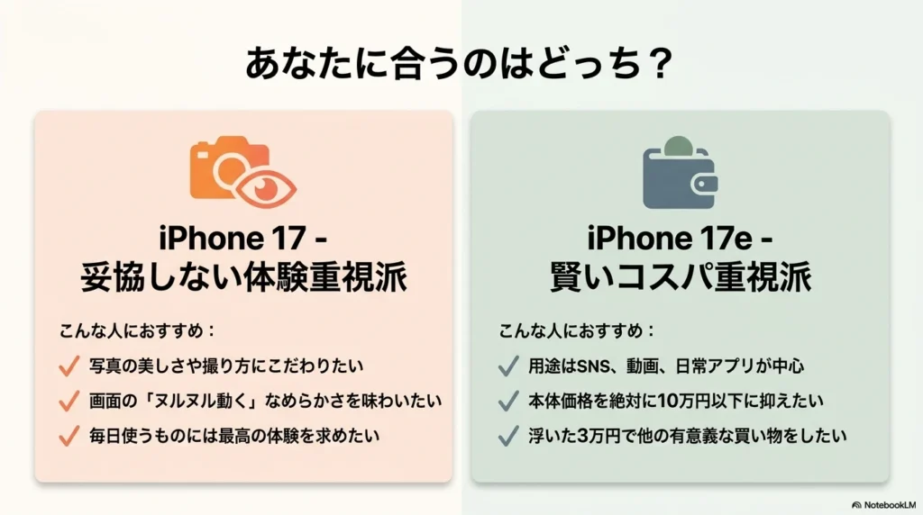 iPhone 17は写真の美しさや画面の滑らかさに妥協しない体験重視派におすすめ。iPhone 17eはSNSや動画視聴が中心で本体価格を抑えたいコスパ重視派におすすめ。