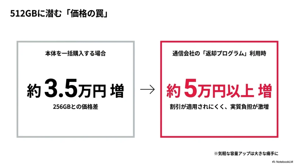 iPhone 17の容量を512GBに上げる際の価格の罠。一括購入で約3.5万円増、通信会社の返却プログラム利用で実質負担が約5万円以上も増加する現実。