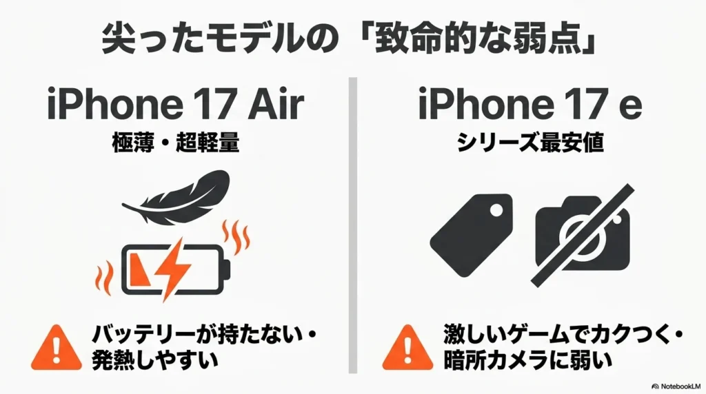 iPhone 17 × 格安SIM 乗り換え完全攻略ガイド 尖ったモデルの致命的な弱点。極薄・超軽量のiPhone 17 Airはバッテリーが持たず発熱しやすい。シリーズ最安値のiPhone 17 eは激しいゲームでカクつき暗所カメラに弱い