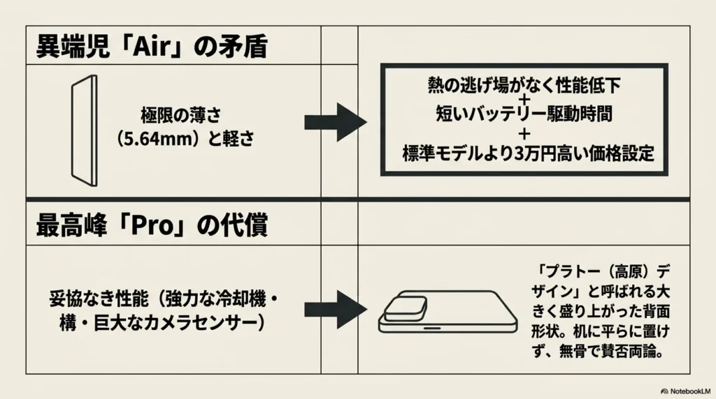 薄型化による排熱・バッテリー問題と高価格が矛盾するiPhone 17 Airと、巨大なカメラ台座（プラトーデザイン）により無骨になったiPhone 17 Proの弱点解説
