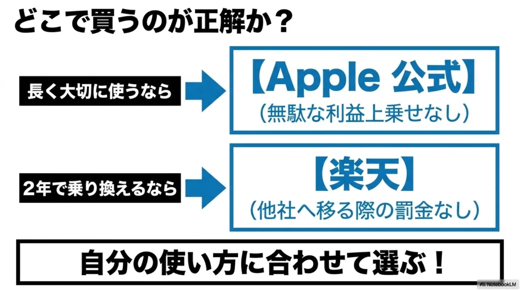 使い方別iPhone17のおすすめ購入先(Apple・楽天) 使い方に合わせたiPhone17のおすすめ購入先。長く大切に使うなら無駄な利益上乗せがないApple公式、2年で乗り換えるなら他社へ移る際の罰金がない楽天モバイルを推奨しています。