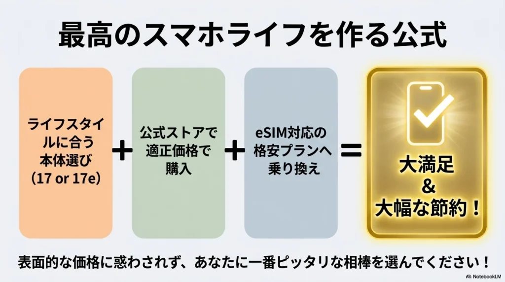 ライフスタイルに合う本体選び、公式ストアでの適正価格購入、eSIM対応の格安プランへの乗り換えで、大満足と大幅な節約を実現する公式。