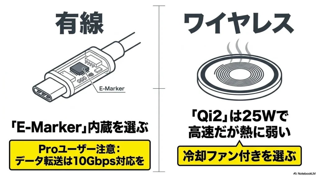 有線ケーブルはE-Marker内蔵とデータ転送10Gbps対応を、ワイヤレス充電はQi2対応で冷却ファン付きを選ぶこと