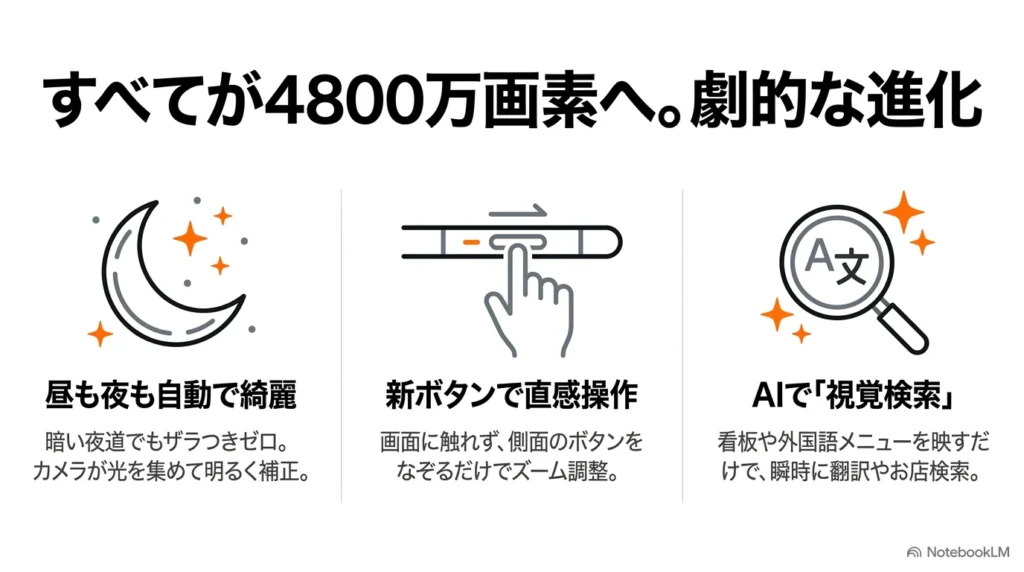 iPhone 17カメラの進化点。すべてが4800万画素へ進化し、昼も夜も自動で綺麗に撮影可能。新ボタンでの直感操作やAIによる視覚検索機能も搭載。