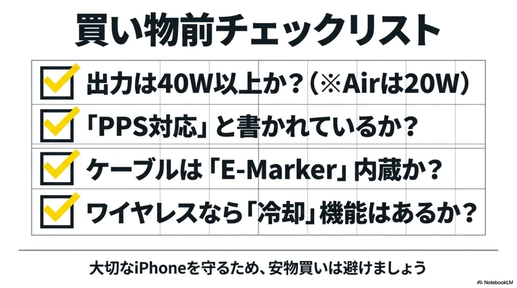 iPhone 17充電器の買い物前チェックリスト。出力40W以上か、PPS対応か、E-Marker内蔵か、冷却機能はあるかを確認