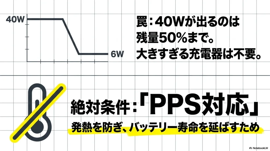 iPhone 17で40Wのフルパワーが出るのはバッテリー残量50%まで。大きすぎる充電器は不要という解説