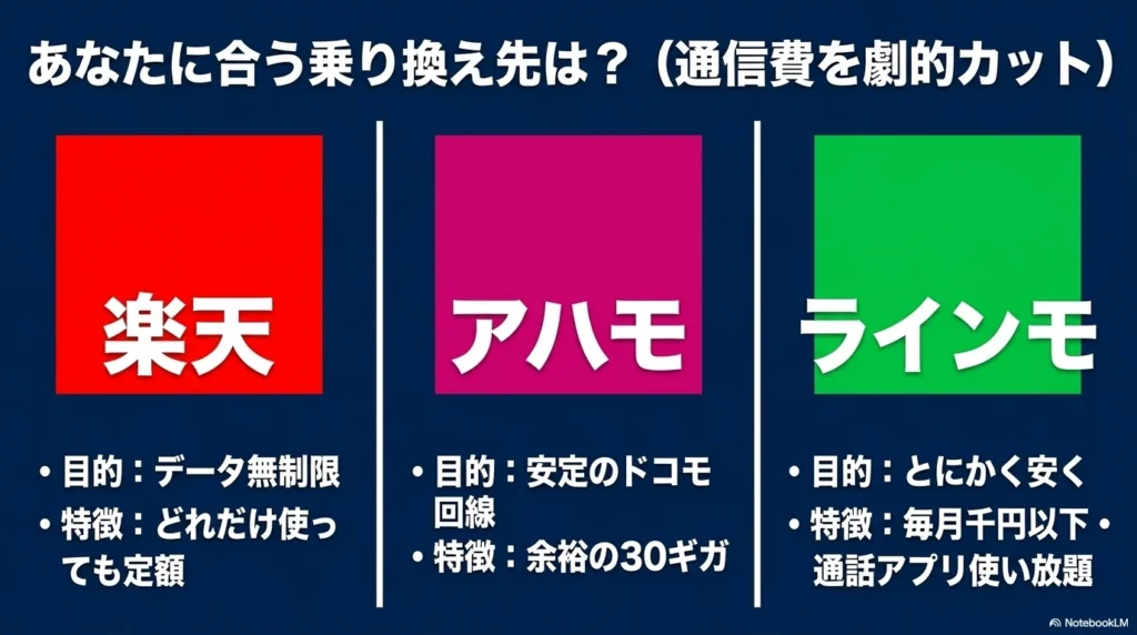 iPhone 17 × 格安SIM 乗り換え完全攻略ガイド 通信費を劇的カットするための乗り換え先として、楽天モバイル(データ無制限)、ahamo(安定のドコモ回線30GB)、LINEMO(毎月千円以下)のそれぞれの目的と特徴を比較したスライド。
