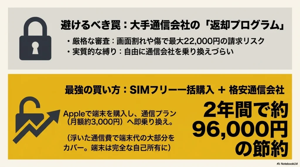 キャリアの返却プログラムの罠を避け、AppleストアでのSIMフリー端末購入と格安SIMへの乗り換えで2年間で約96,000円節約する最強の購入方法