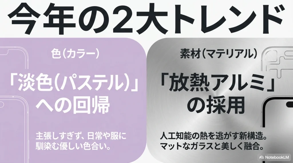 iPhone 17シリーズの2大トレンド。カラーはパステル調への回帰、素材は放熱アルミの採用について解説したスライド